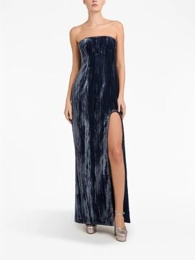 cinq a sept Strapless Navy Crushed Velvet Gown